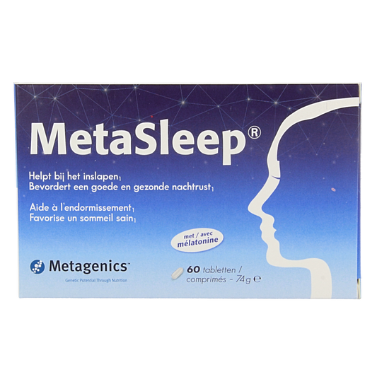 Metagenics Metasleep mineral supplement tablets, 60-count, showing the blister pack with round, white tablets for sleep support