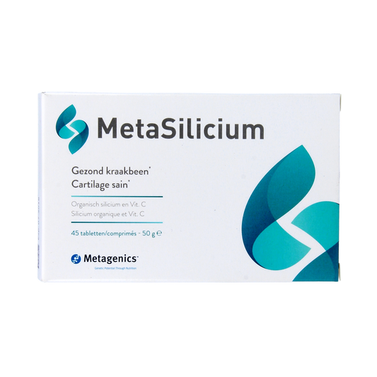 Metagenics Metasilicium mineral supplement tablets, natural mineral complex for supporting bone and connective tissue health.