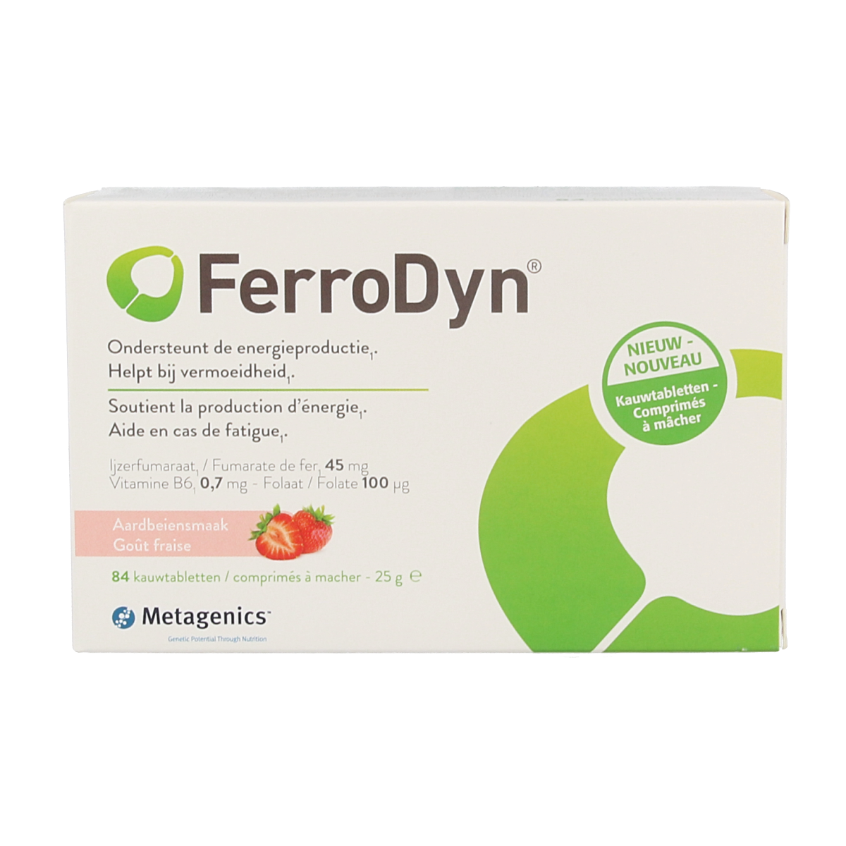 Metagenics Ferrodyn mineral multivitamin chewable tablets in a blister pack, showing the packaging and tablets.