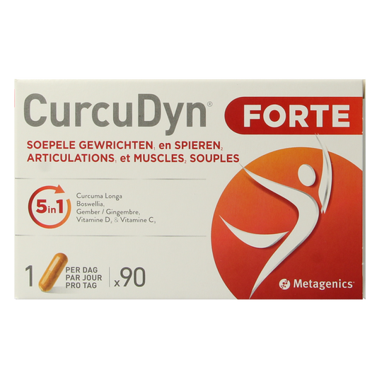 Metagenics Curcudyn Forte capsules in a bottle, herbal supplement for joint and immune support, 90 capsules.