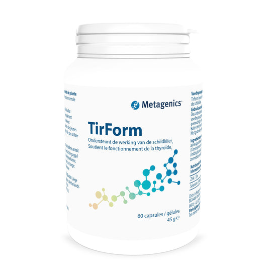 Metagenics Tirform herbal supplement capsules in a bottle, part of Kruidenpreparaten line, with 60 capsules for health support.