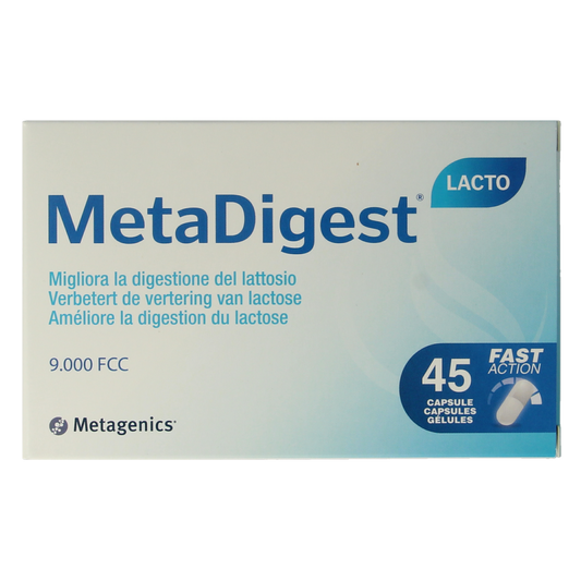Metagenics Metadigest lacto capsules blister pack, dietary herbal supplement with 45 capsules for digestive support.