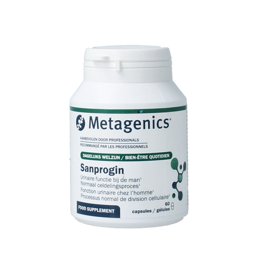 Metagenics Sanprogin V4 herbal supplement capsules, 60-count, natural herbal preparation for wellness.