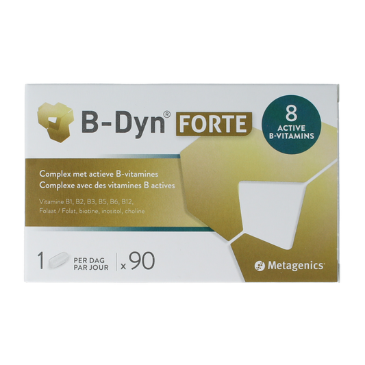 Bottle of Metagenics B-Dyn Forte multivitamin tablets with 90 count, featuring colorful tablet packaging and branding.