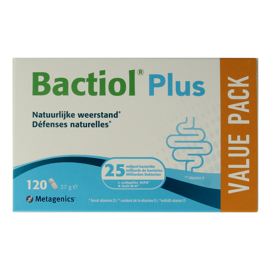 Metagenics Bactiol Plus probiotic capsules showing capsules in a blister pack, containing micro-organisms for gut health.