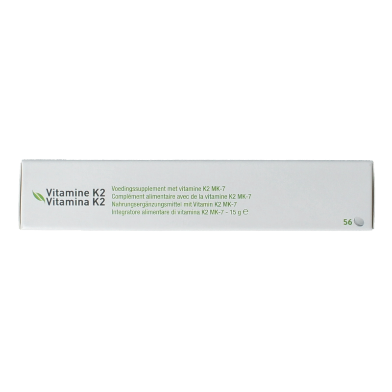 Metagenics Vitamin K2 supplement in a bottle with 56 tablets, showing the label and tablet images.