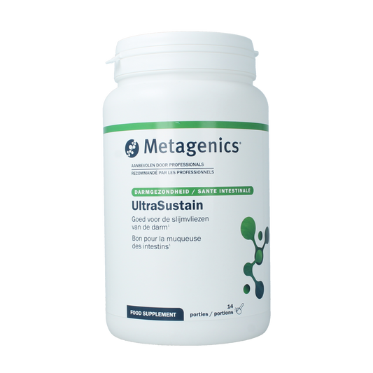 Metagenics Ultra Sustain multivitamin bottle with 14 servings, 784 grams, featuring colorful capsules and label details.