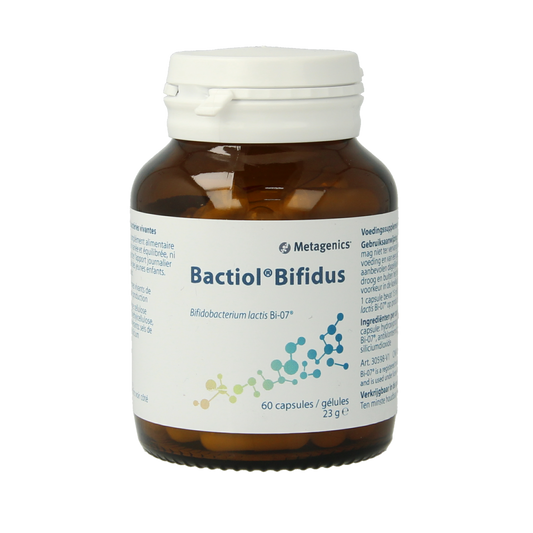 Metagenics Bactiol bifidus probiotic capsules blister pack showing 60 capsules, containing beneficial micro-organisms for gut health.