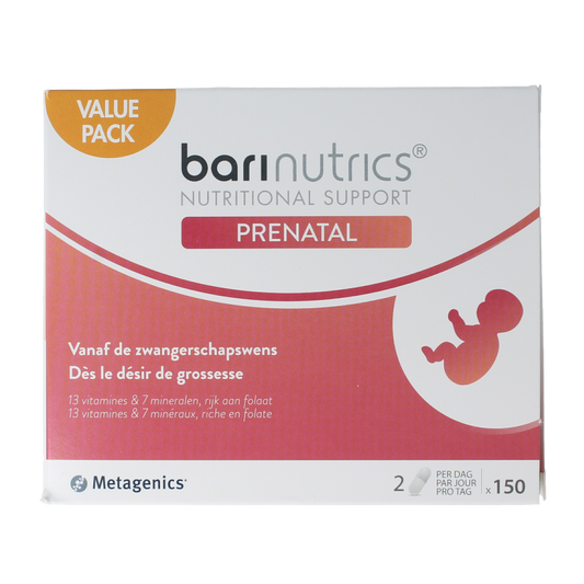Metagenics Prenatal NFD 150 capsules, dietary supplement with herbal ingredients for prenatal health, shown in bottle with capsules