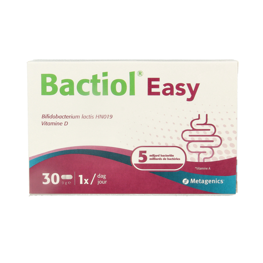 Metagenics Bactiol easy probiotic capsules with micro-organisms for digestive health, shown in a bottle with 30 capsules.