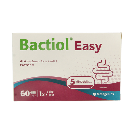 Metagenics Bactiol easy microbiome capsules, 60-count, featuring probiotic micro-organisms in a clear bottle with capsules inside.