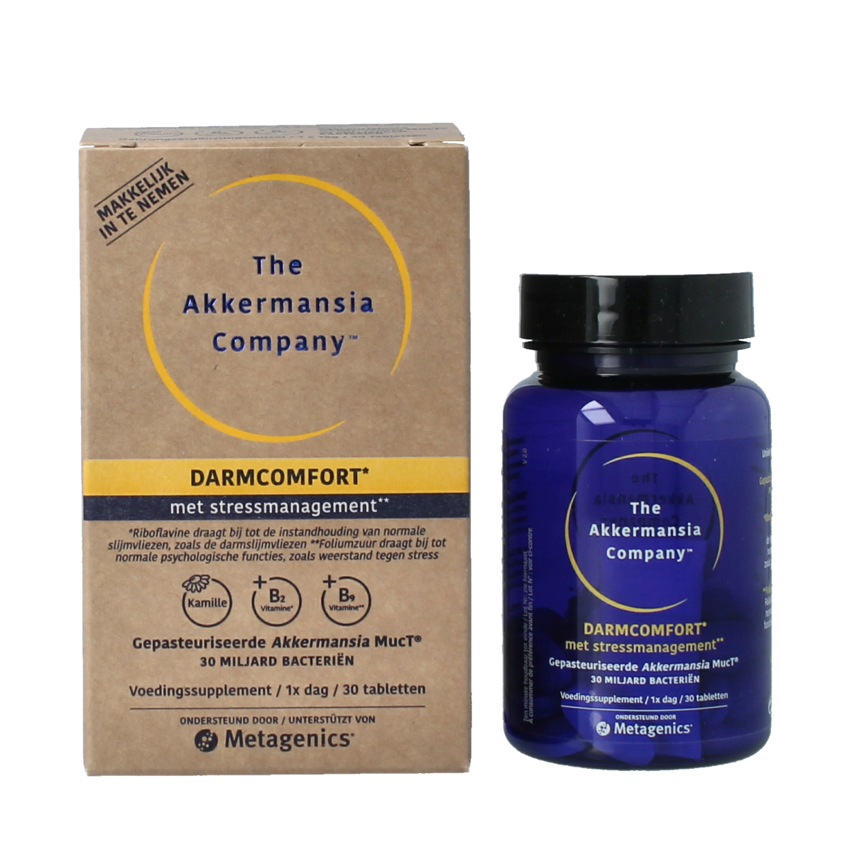 Metagenics Akkermansia Darmcomfort NFD dietary supplement box with 30 tablets, displayed in a natural setting