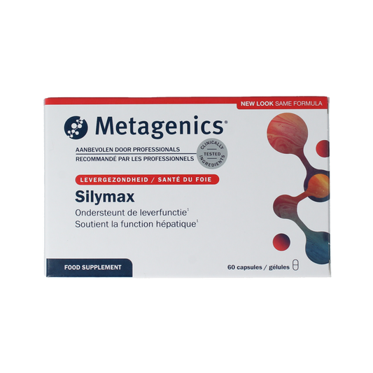 Metagenics Silymax herbal supplement capsules, 60-count, featuring botanical ingredients for liver support and detoxification.