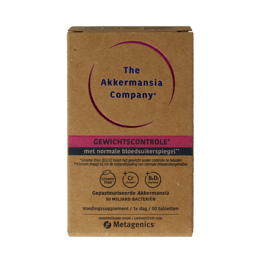 Akkermansia Gewichtscontrole V2 NFD herbal supplement tablets in a bottle, showing the product label and tablets inside.