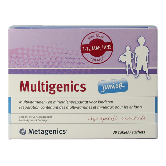 Metagenics Multigenics Junior multivitamin sachets featuring colorful packaging and 30 individual servings.