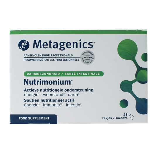 Metagenics Nutrimonium original multi-vitamin supplement sachets, 28 count, in blister pack with colorful packaging.