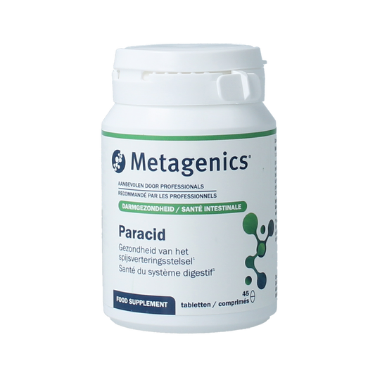 Metagenics Paracid 45 tablets, herbal supplement in blister pack, natural herbal remedy for digestive health.