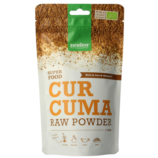 Purasana vegan organic turmeric powder in a 200g package, raw superfood with bright yellow turmeric spice visible in the image.