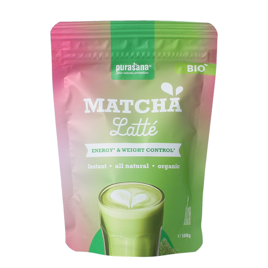 Purasana Organic instant matcha latte powder in a 100g package, suitable for making flavorful matcha drinks and beverages.