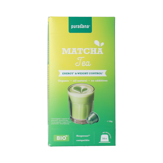 Purasana Instant Matcha Tea Capsules 16x1g, organic coffee and tea capsules in a clear container.