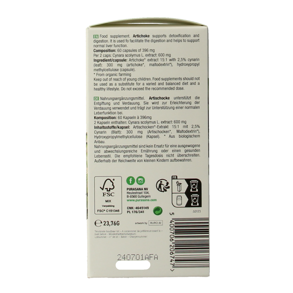 Purasana Artisjok vegan bio 60.00 Vegetarische capsules