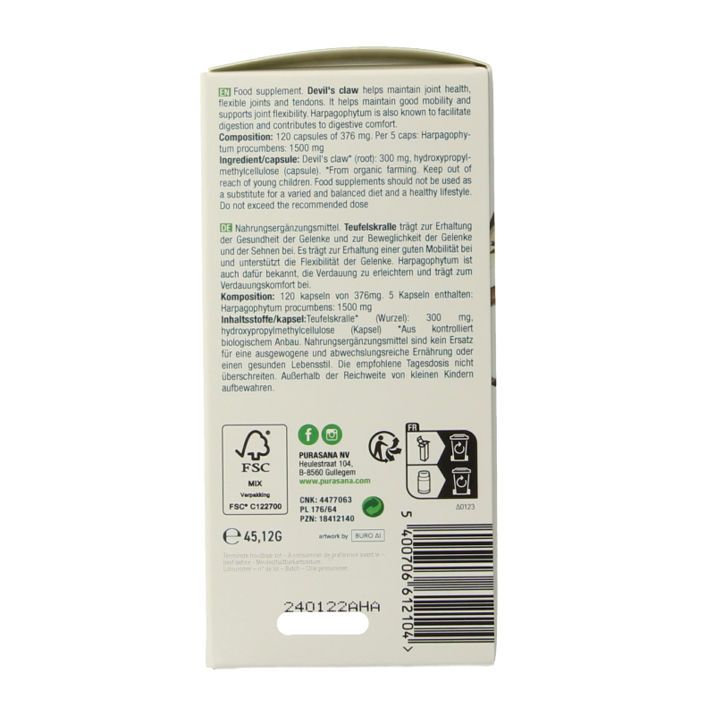 Purasana Duivelsklauw vegan bio 120 Vegetarische capsules