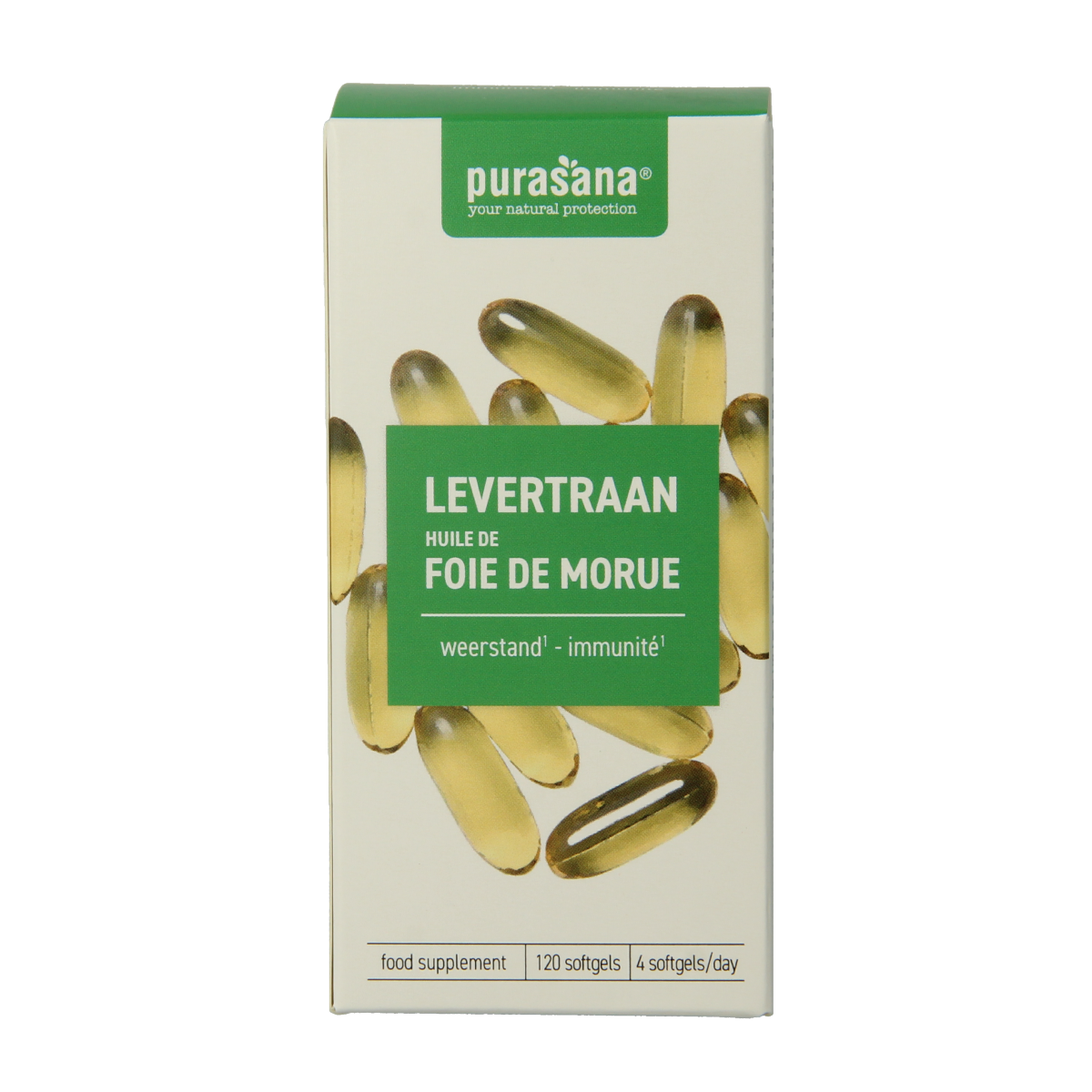 Purasana Levertraan softgels, omega-3 fatty acids supplement in a clear bottle, with softgel capsules visible inside.