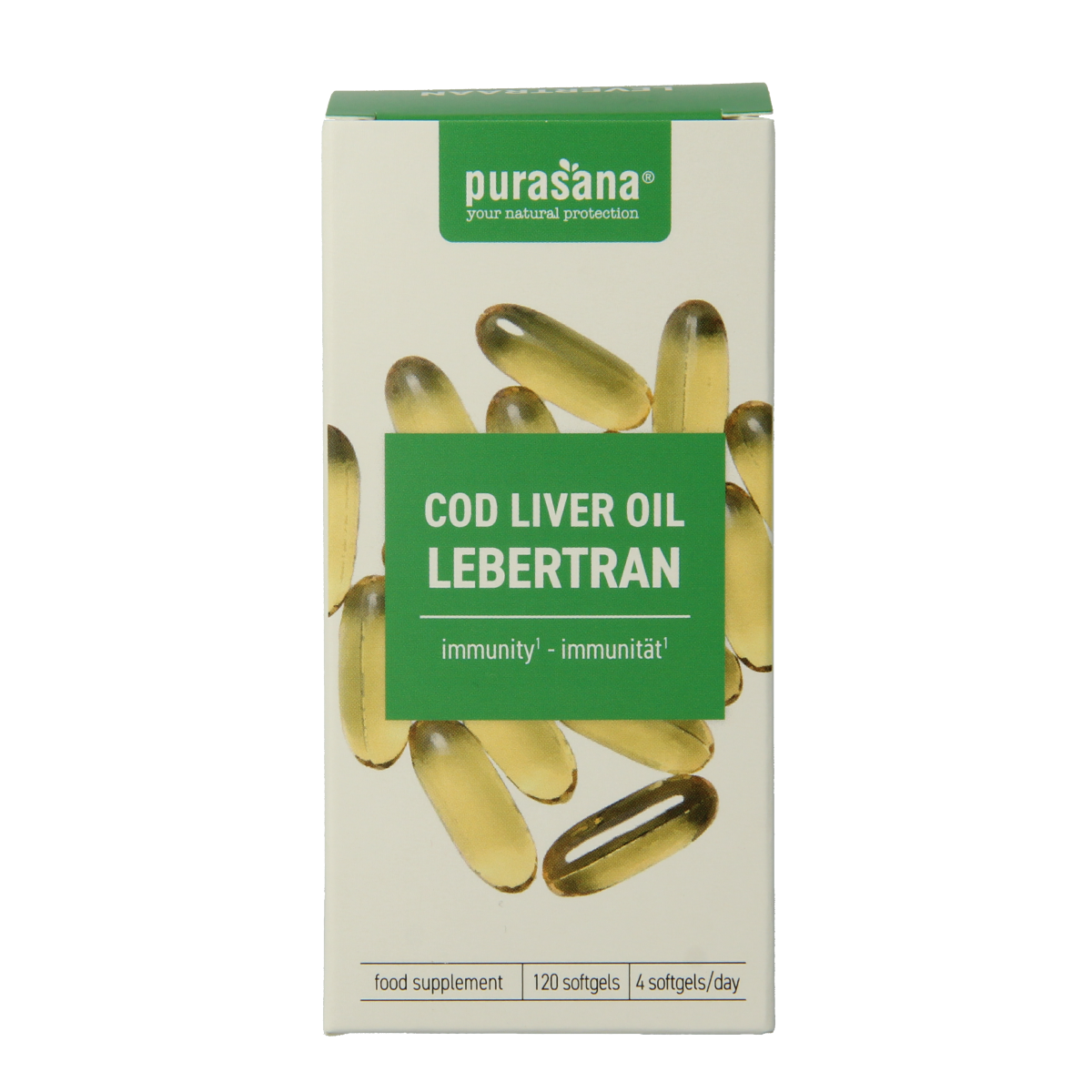 Purasana Levertraan softgels with omega-rich fish oil capsules in a white bottle, highlighting natural dietary supplements.