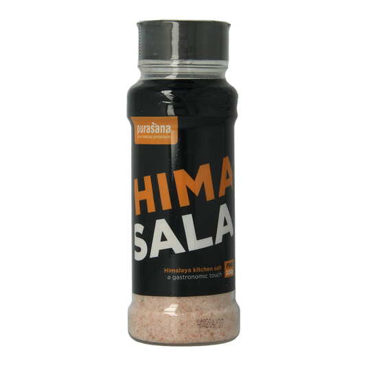 Purasana Himasala fijn keukenzout in strooibus, 200g, spices and seasoning mix for culinary use.