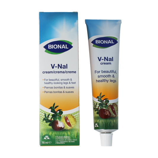 Bional V-nal cream 75ml tube, soothing beenverzorging product with a white and blue packaging design.