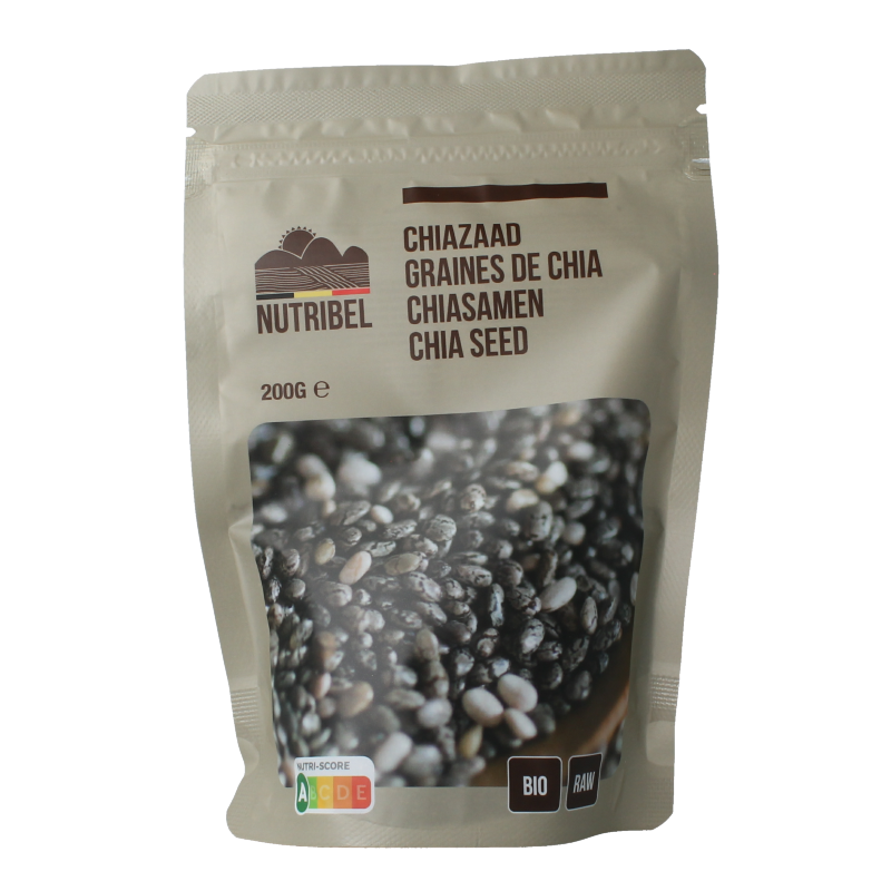 Raw bio chia seeds in a 200g package from Nutribel, showing the chia seeds in a clear container on a white background.