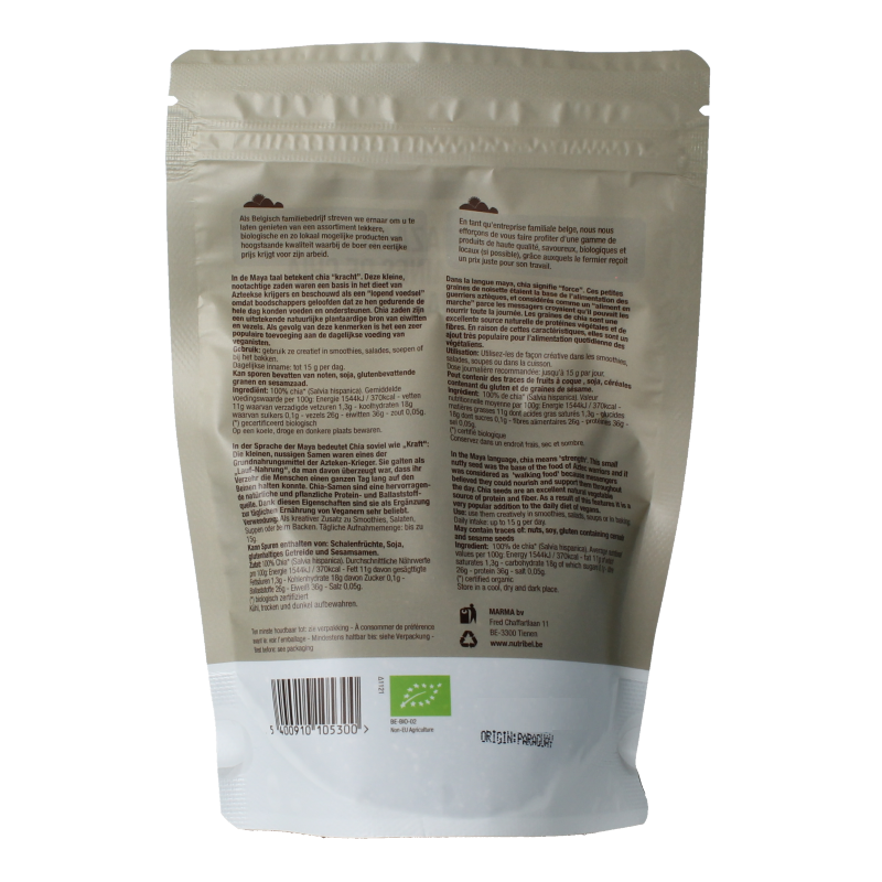 Raw organic Nutribel Chiazaad in 200g package, superfood chia seeds for healthy eating and nutrition.