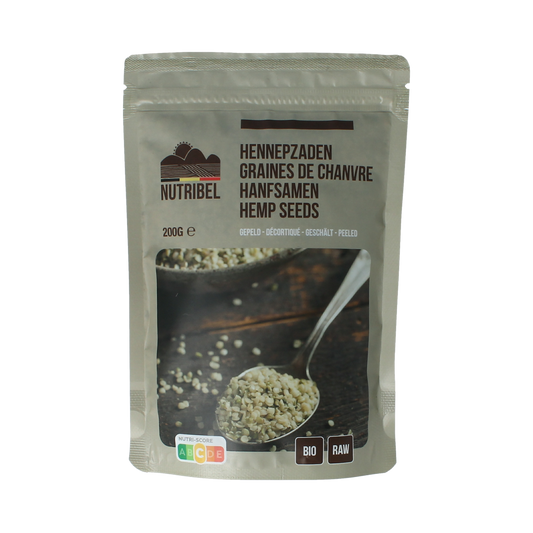 Raw organic hemp seeds from Nutribel, 200g, shown in a clear image, highlighting the shelled, natural superfood product.