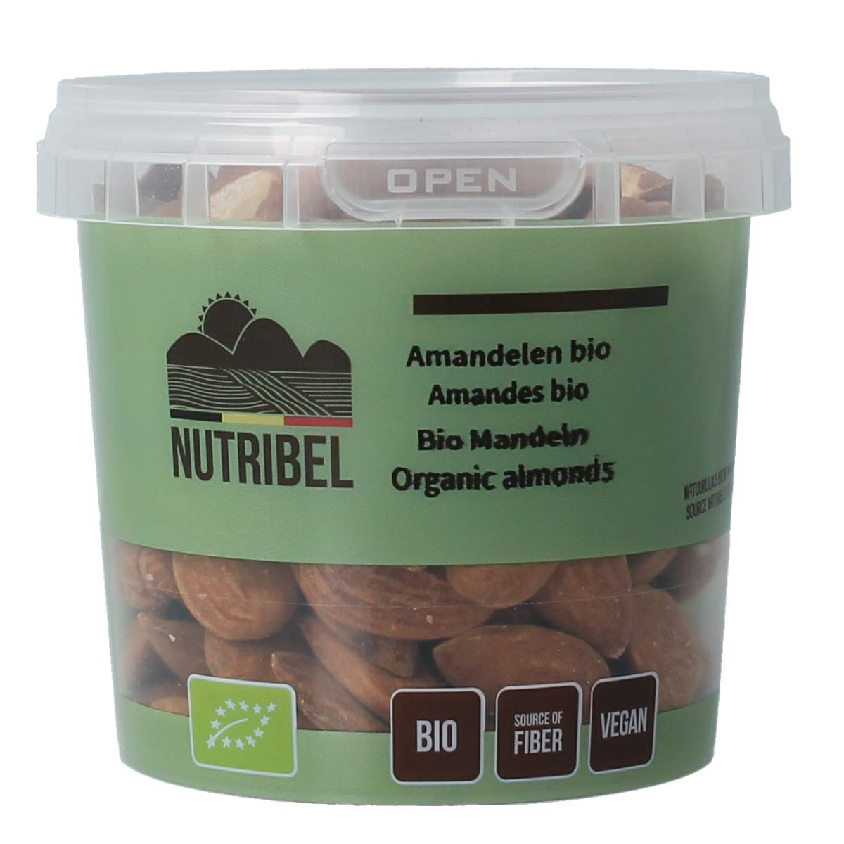 Bio Nutribel raw almonds in 200g package, showing fresh, whole almonds with natural brown shells.