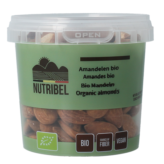 Bio Nutribel raw almonds in 200g package, showing fresh, whole almonds with natural brown shells.