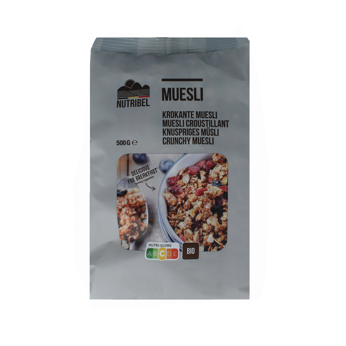Nutribel bio muesli krokant superfood breakfast cereal in a 500g package, featuring crunchy grains and superfood ingredients.