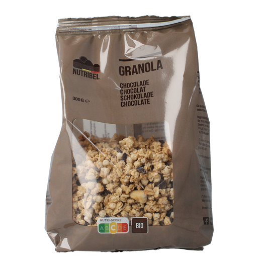 Nutribel Bio Chocolate Granola breakfast cereal in a 300g package, showing crunchy chocolate-flavored oats and nuts