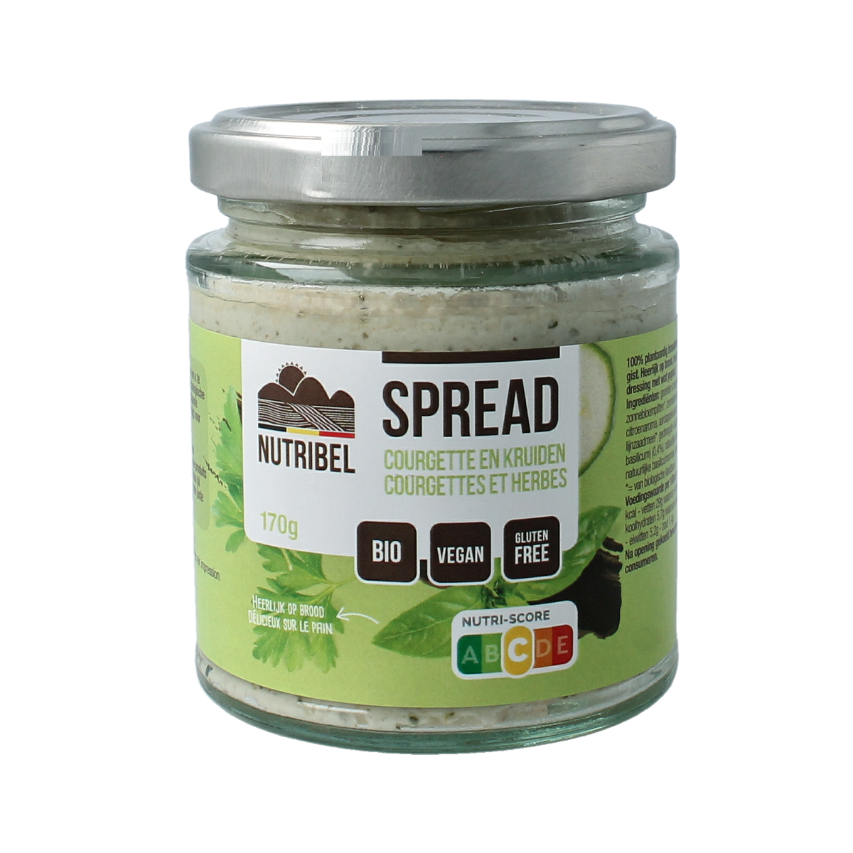 Nutribel kruiden spread glutenvrij bio, 190ml, spreadable broodbeleg with herbs in a jar.