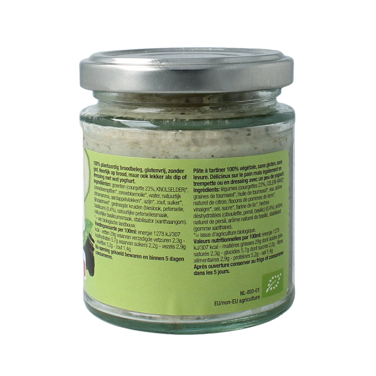 Nutribel kruiden spread glutenfrei biologische broodbeleg in 190ml jar, with visible herbs and natural texture.