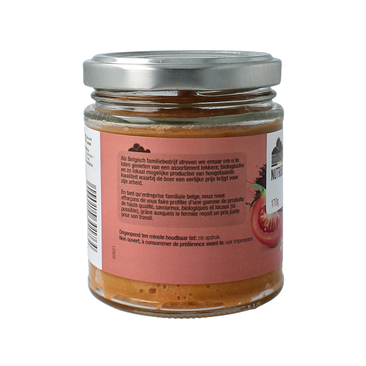 Nutribel gluten-free organic tomato spread on bread, 170ml jar, fresh and vibrant tomato flavor, ideal for sandwiches and breakfast.