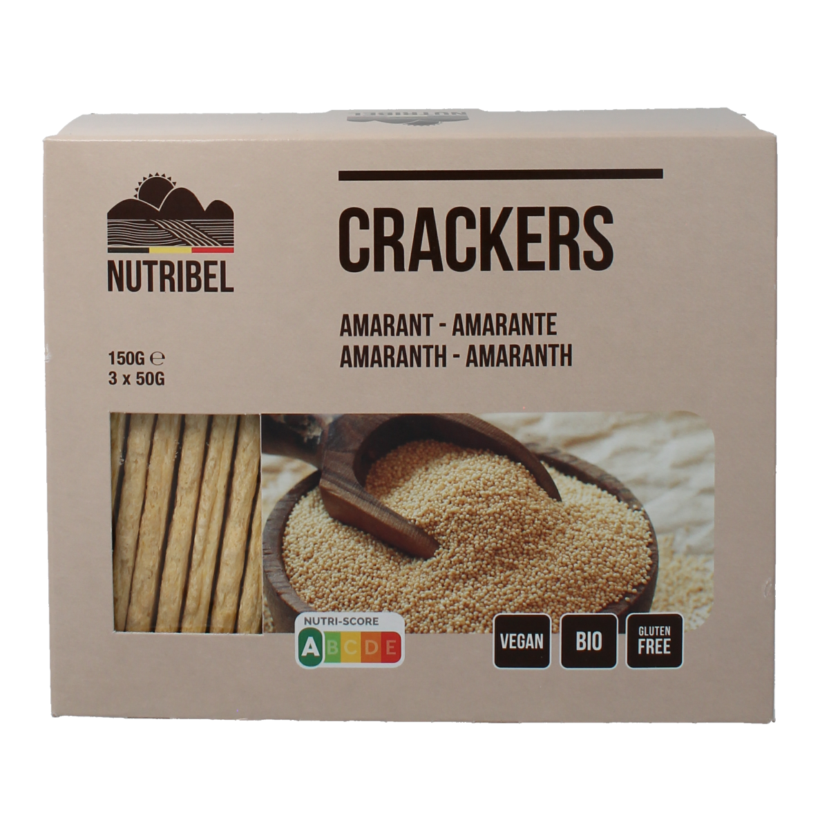 Nutribel bio amarant crackers in 150g package, crispy whole grain bread and snack crackers with amarant seeds.