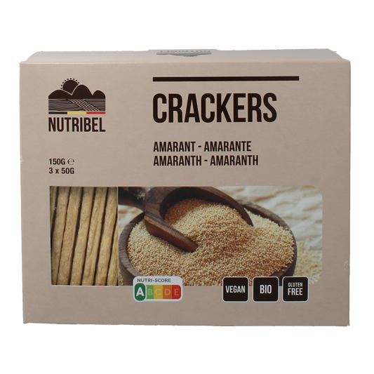 Nutribel bio amarant crackers in 150g package, crispy whole grain bread and snack crackers with amarant seeds.