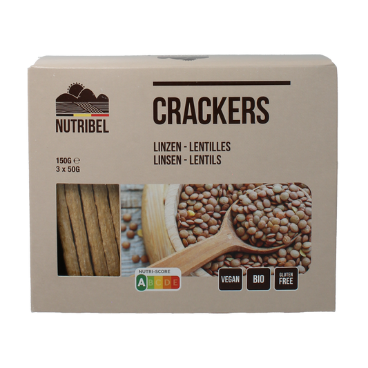 Nutribel organic lentil crackers in 150g package, crispy whole grain bread snack with natural ingredients.