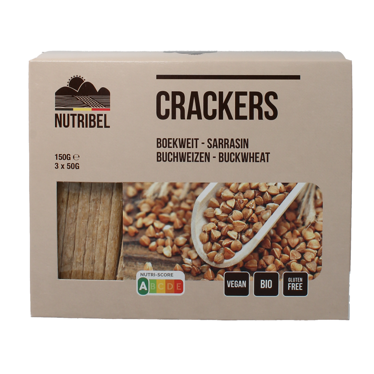 Nutribel bio boekweit crackers, 150g, crispy whole grain bread slices in a clear package.