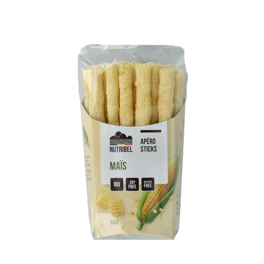 Nutribel Apero stick bio maize snack in a clear package, 50 grams, natural organic corn snack for quick bites and snacks