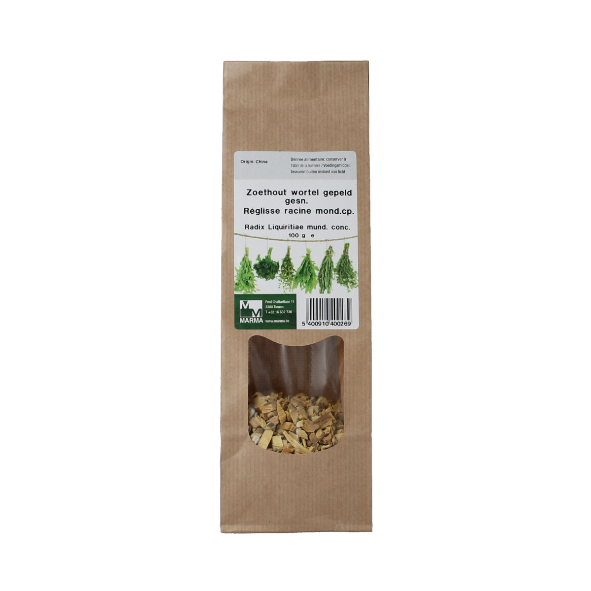 Sliced peeled licorice root from Marma in a 100g package, used as a herbal spice or cooking ingredient.