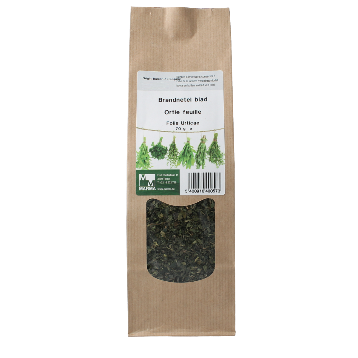 Marma Brandnetel blad herbal spice in 70g packet, used in kruiden, zouten en maaltijden for natural flavor.