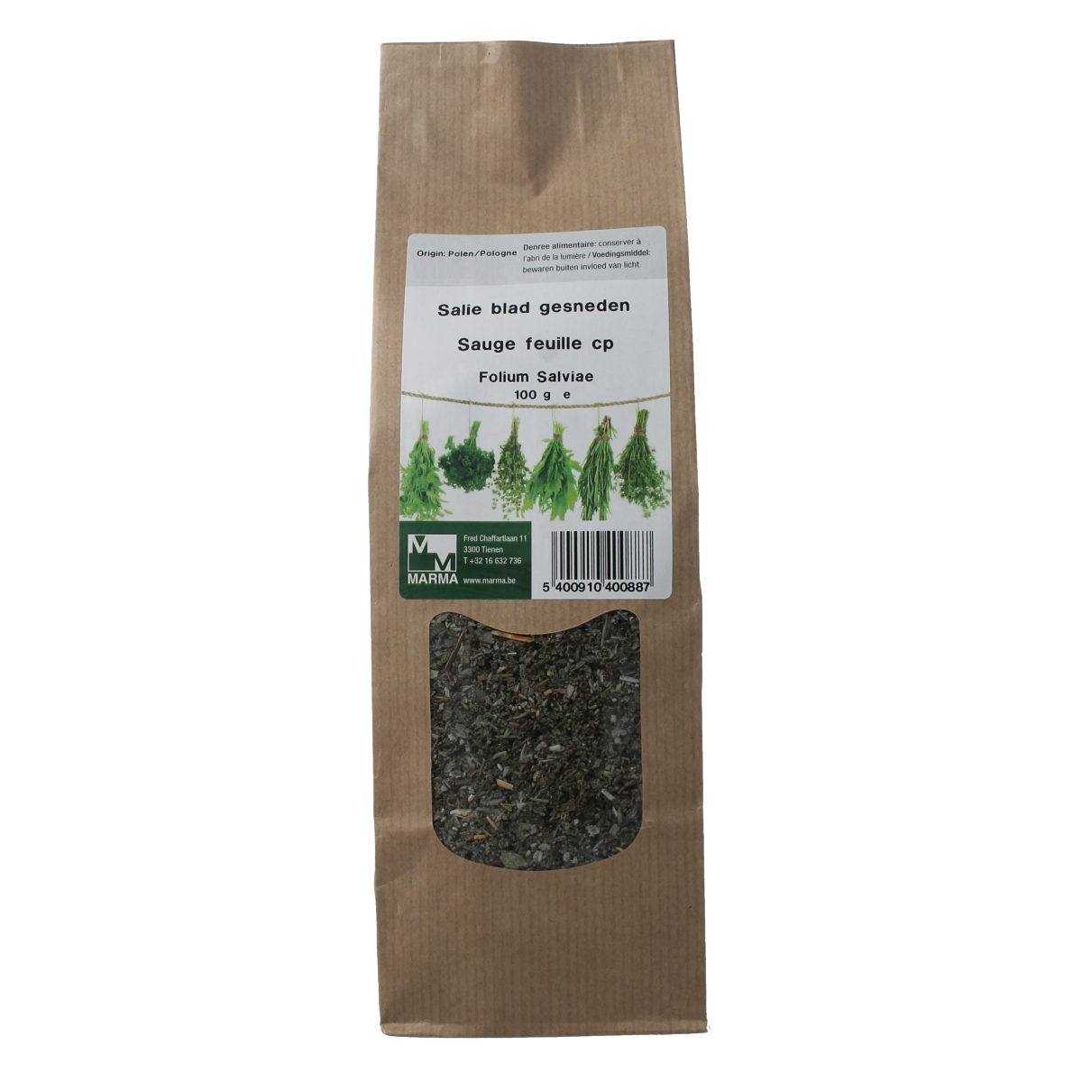 Sliced Marma Salie herb in a 100g package, used as a seasoning and culinary ingredient in herbs, salts, and meal mixes.