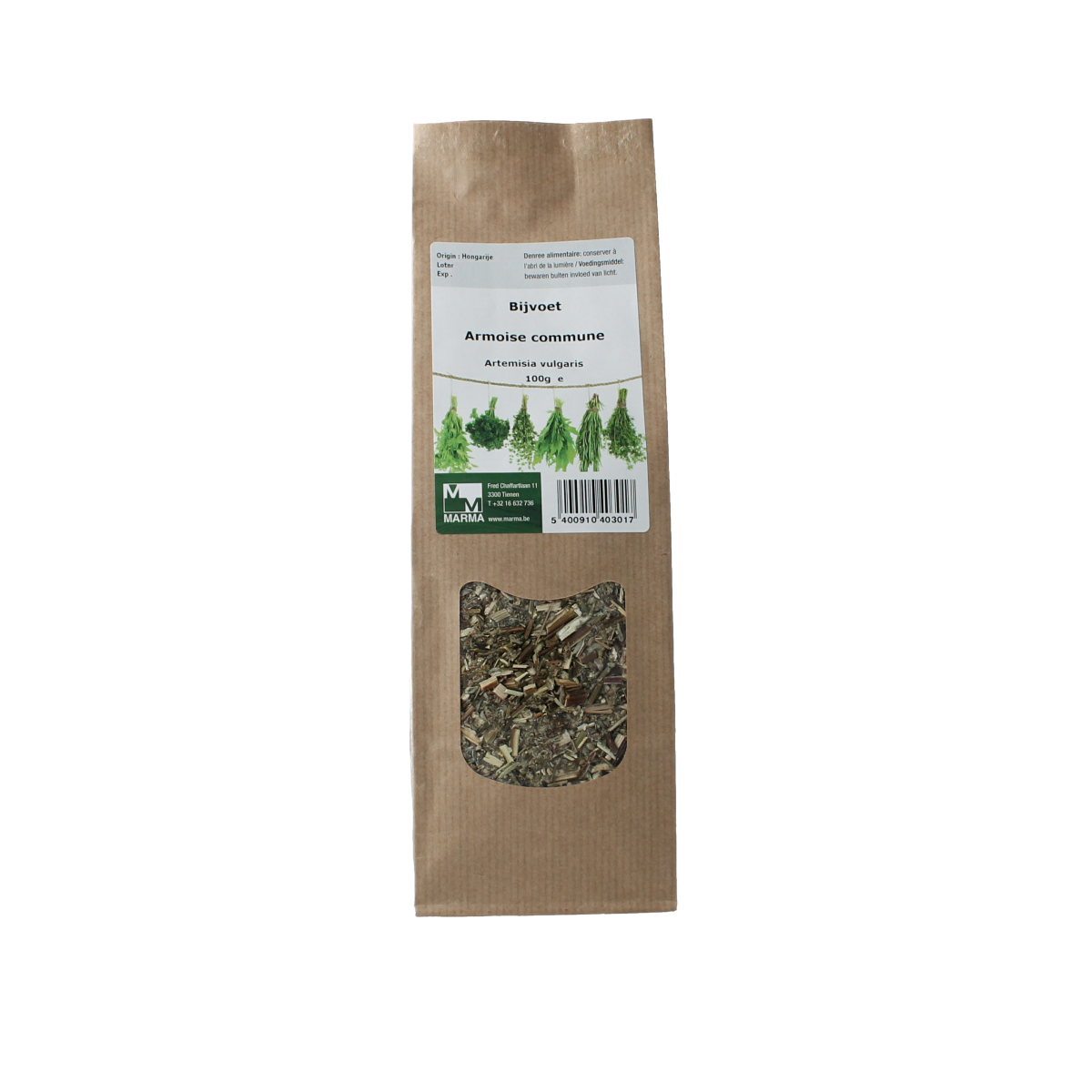 Marma Bijvoetkruid 100g, dried herb from Marma, used in cooking and herbal remedies, shown in a clear package.