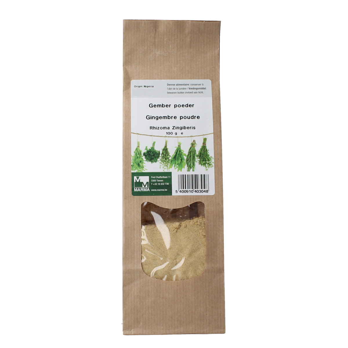 Marma Gember wortelstok poeder in 100g package, herbal spice blend for cooking and flavoring.